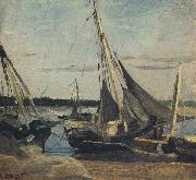 camille corot Trouville Fishing Boats Stranded in the Channel (mk40) oil painting on canvas
